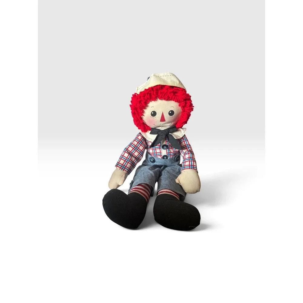Handmade Raggedy Andy Cloth Doll Red Yarn Hair Plaid Shirt 24 Inch 2001 Vintage